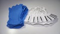 Set of FFP2 medical masks and disposable blue medical gloves. Face mask protection against pollution, virus, flu and coronavirus