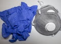 Set of FFP2 medical masks and disposable blue medical gloves. Face mask protection against pollution, virus, flu and coronavirus
