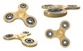 Set fidget spinner stress relieving toy gold on white backgrond. 3d illustration