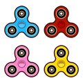 Set of fidget spinners of different colors Most popular toys for stress relief Isolated illustration.