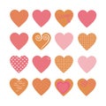 Set of fifteen beautiful pink hearts, isolated on white for your graphic design. Hand drawn. Vector illustration.