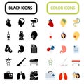 Set of fifteen black and color medicine icons