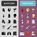 Set of fifteen black and color medicine icons