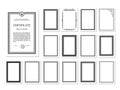 A set of fifteen vertical black frames for certificates, diplomas and the like. Includes vintage and austere, graphic frame