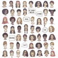 Set of fifty hand drawn female faces Royalty Free Stock Photo