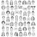 Set of fifty hand drawn female faces