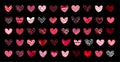 set of fifty textured hearts in white, pink and red colors isolated on the black. Vector illustration