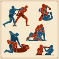 Set of fighting club emblems, labels, badges and icons. Fighters silhouettes.