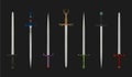 Set of fighting knight swords. Metal european straight knight swords.Illustration of kings weapons. Vector medieval