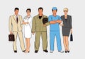 A set of figures of various professions. Men and women in different uniforms stand together