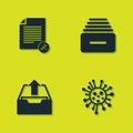 Set File document service, Bacteria, Upload inbox and Drawer with documents icon. Vector Royalty Free Stock Photo