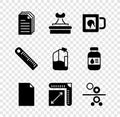 Set File document, Stamp, Coffee cup, Empty, Paper size, roll printing press, Ruler and Printer ink bottle icon. Vector Royalty Free Stock Photo