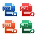 Set of of file type. Format and extension of documents. PDF, DOC, PPT and XLS. File download.