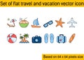 Set of filled color travel and vacation vector icons. Based 64x64 pixels size. EPS file Royalty Free Stock Photo