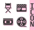 Set Film reel, Director movie chair, VHS video cassette tape and Movie clapper icon. Vector Royalty Free Stock Photo