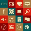 Set Film reel, Document folder, Arrow cursor, Like and heart, Vinyl disk, Microphone, Power button and Laptop icon