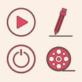 Set Film reel, Play in circle, Pencil with eraser and Power button icon. Vector Royalty Free Stock Photo