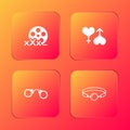 Set Film reel with Sex, Male and female heart, Handcuffs and Silicone ball gag icon. Vector Royalty Free Stock Photo