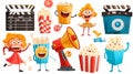 A set of film theater mascots isolated on a white background. These include a megaphone, film projector, clapperboard