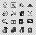 Set Finance document, Discount percent tag, Loan, Money coin with, Clock and, Stopwatch and House percant discount icon Royalty Free Stock Photo