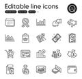 Set of Finance outline icons. Contains icons as Decreasing graph, Web report and Coins bag elements. For website Vector