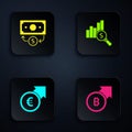 Set Financial growth and bitcoin, Stacks paper money cash, euro and Pie chart dollar. Black square button. Vector