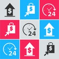 Set Financial growth and coin, Shoping bag and dollar and Clock 24 hours icon. Vector