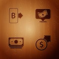 Set Financial growth and dollar, Mining bitcoin from mobile, Stacks paper money cash and on wooden background. Vector