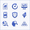 Set Financial growth, Search people, Hierarchy organogram, Sales funnel with chart, globe, Mobile graph, Stocks market