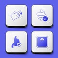 Set Finger blood, Intestines, Human stomach health and Bathroom scales icon. White square button. Vector