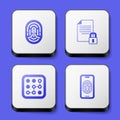 Set Fingerprint, Document and lock, Graphic password protection and Mobile with fingerprint scanner icon. White square Royalty Free Stock Photo