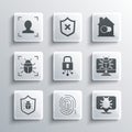 Set Fingerprint, System bug, on monitor, Cyber security, Face recognition and Smart home icon. Vector