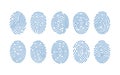 Set of fingerprints of various types on white background. Traces of friction ridges of human fingers. Method of Royalty Free Stock Photo