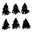 Set of fir tree silhouettes. Black grunge Christmas trees collection. Watercolor spruces isolated on white background Royalty Free Stock Photo