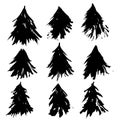 Set of fir tree silhouettes. Black grunge Christmas trees collection. Watercolor spruces isolated on white background Royalty Free Stock Photo
