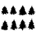 Set of fir tree silhouettes. Black grunge Christmas trees collection. Watercolor spruces isolated on white background Royalty Free Stock Photo