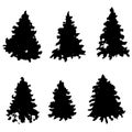 Set of fir tree silhouettes. Black grunge Christmas trees. Watercolor spruces isolated on white background. Vector Royalty Free Stock Photo