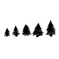 Set of fir tree silhouettes. Black grunge Christmas trees. Watercolor spruces isolated on white background. Vector Royalty Free Stock Photo