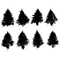 Set of fir tree silhouettes. Black grunge Christmas trees. Watercolor spruces isolated on white background. Vector Royalty Free Stock Photo