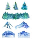 Set of fir trees and mountains. Hand drawn watercolor landscape elements. Isolated illustration on white background Royalty Free Stock Photo