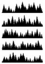 Set of fir trees silhouettes. Coniferous spruce horizontal background patterns, black evergreen woods vector Royalty Free Stock Photo