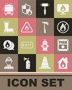 Set Fire in burning house, alarm system, No fire, Firefighter axe, flame triangle, boots, truck and icon. Vector Royalty Free Stock Photo