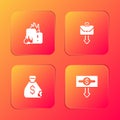 Set Fire in burning house, Briefcase, Money bag and Dollar rate decrease icon. Vector Royalty Free Stock Photo