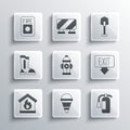 Set Fire cone bucket, extinguisher, exit, hydrant, burning house, boots, alarm system and shovel icon. Vector Royalty Free Stock Photo