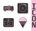 Set Fire cone bucket, Fire truck, Fire alarm system and Ringing alarm bell icon. Vector Royalty Free Stock Photo