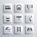 Set Fire escape, Firefighter helmet, axe, Smoke alarm system, bucket, truck and hose reel icon. Vector Royalty Free Stock Photo