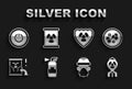 Set Fire extinguisher, Molecule, Nuclear bomb, reactor worker, Radioactive waste barrel, shield, Power button and icon