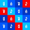 Set Fire extinguisher, Pepper spray, Hand grenade and Cocktail molotov icon. Vector
