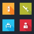 Set Fire extinguisher, Police rubber baton, car and flasher and officer icon. Vector