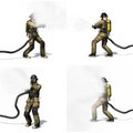 Set of Fire fighter with water hose - different views on white background Royalty Free Stock Photo